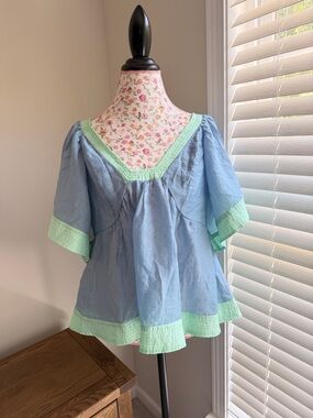 Anthropologie NWT Blue + Mint Contrast Peplum Top
